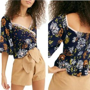 Free people Mirabella Blue Floral Wrap Puff Sleeve top XS